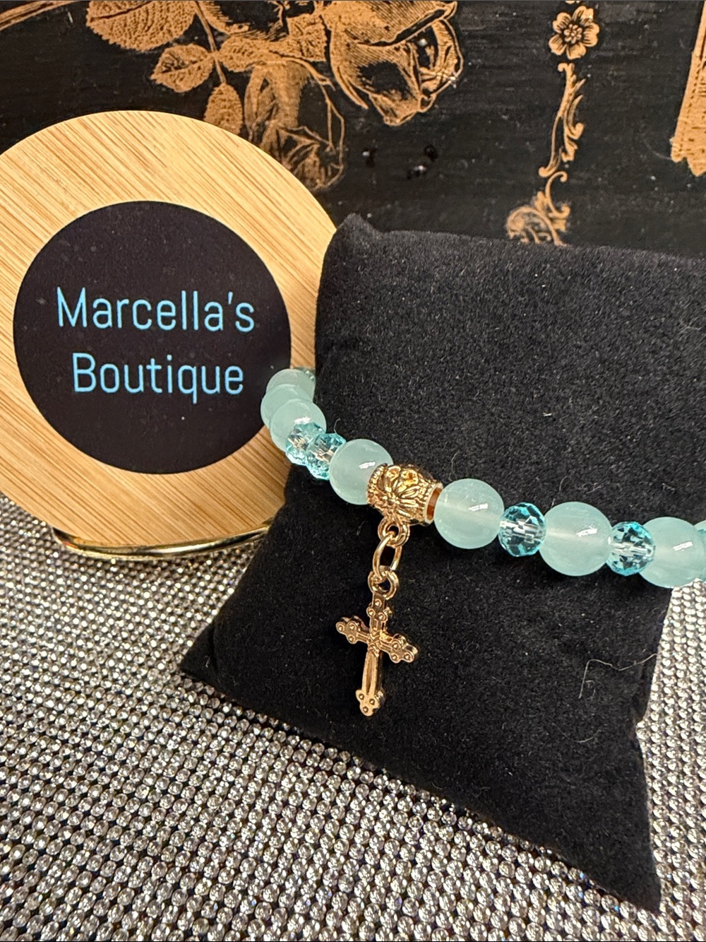 Aqua Beaded Bracelet with Gold Cross Charm